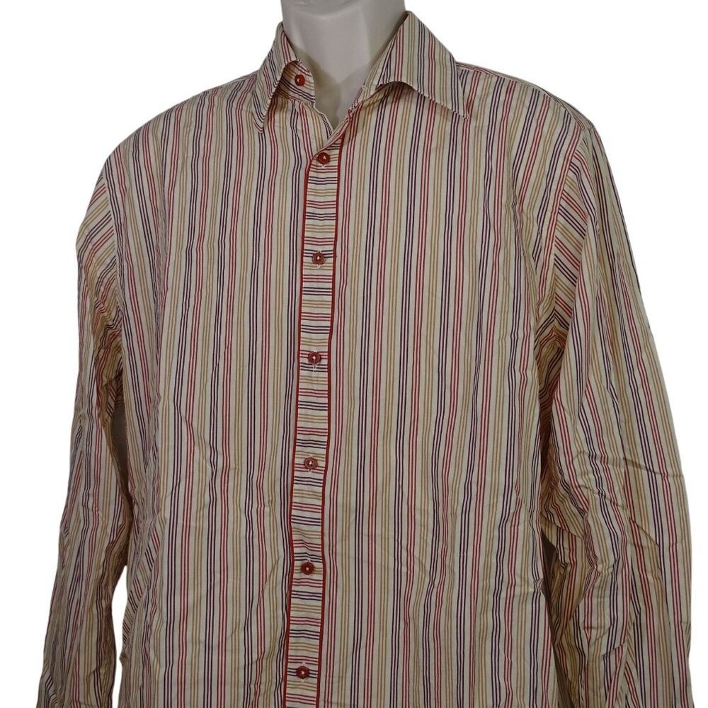 Joseph Bach Orange Rust Multicolor Stripe Long Sleeve Button Up Shirt Men Size L